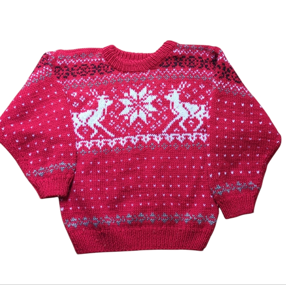 Handmade Knit Kids Holiday Sweater, Unisex S, Reindeer & Snowflakes, Christmas